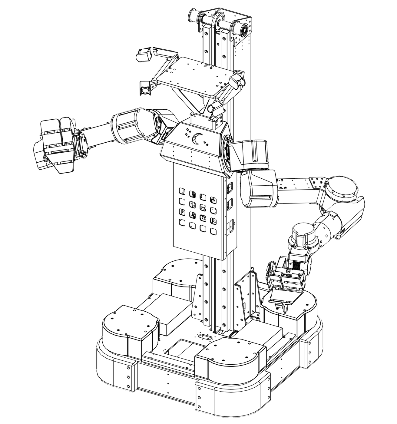 DreamOne mobile manipulator line drawing: two arms with tactile hands on a lifting column over an omni-directional base